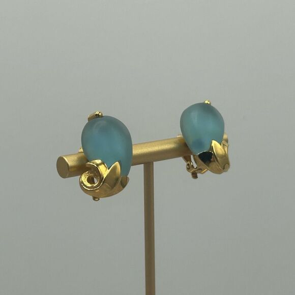 Givenchy 1980 Gold Tone Blue Stone Clip On Earrings Elegant For Womens - Picture 2 of 11